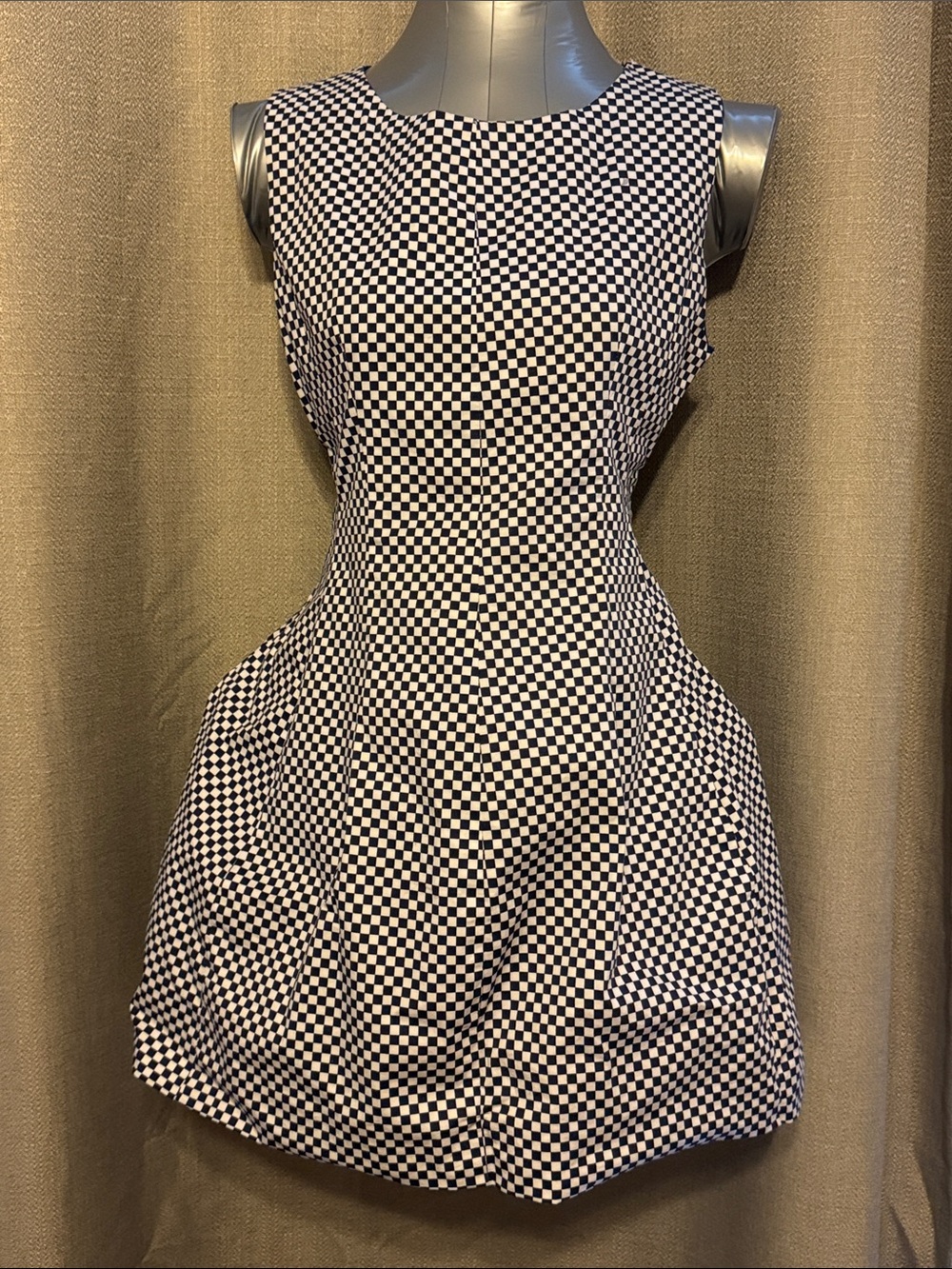 Sleeveless Navy Blue and White Checkered Fit-and-Flare Dress